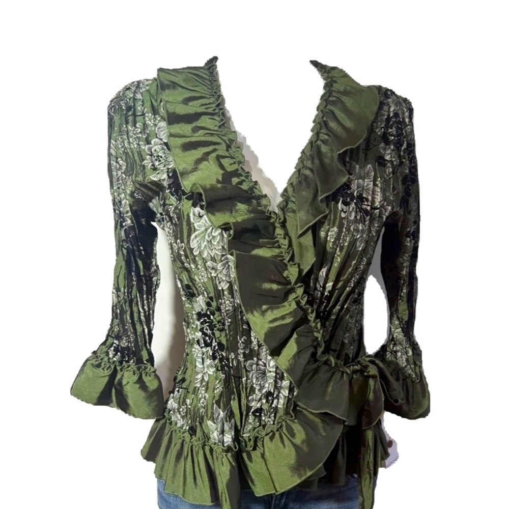 NWT PIANO GREEN FLORAL TOP BLOUSE WRINKLED TAFFETA FAIRY GOTH RENAISSANCE SIZE M